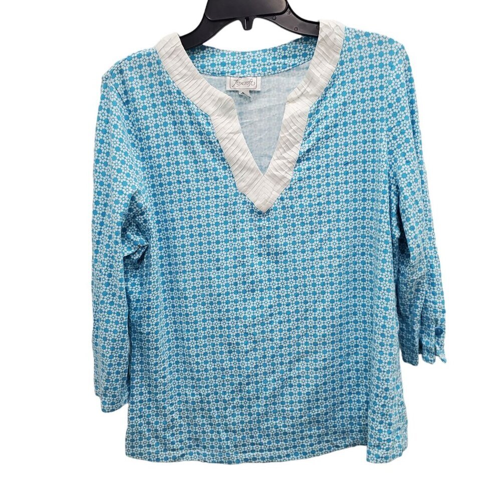 Foxcroft Women's Blue White‎ Geo Print Modal Blend Pleated Neck 3/4 Top Size L